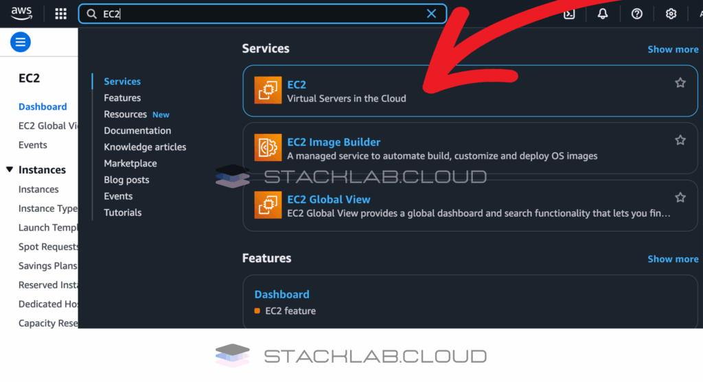 A screenshot of the AWS Management Console with an arrow pointing to the search bar where "EC2" is typed.