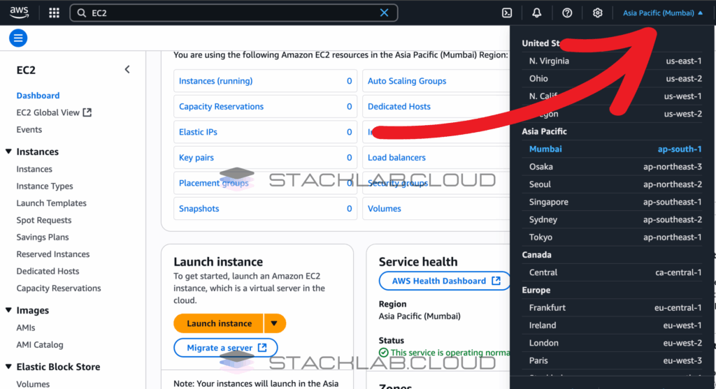 A screenshot of the top-right corner of the AWS Console, highlighting the region selector dropdown menu.