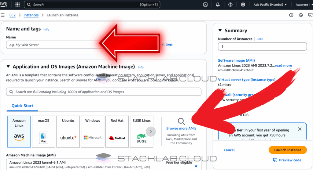 A screenshot of the "Name and tags" and "Application and OS Images (Amazon Machine Image)" sections of the EC2 launch wizard.
