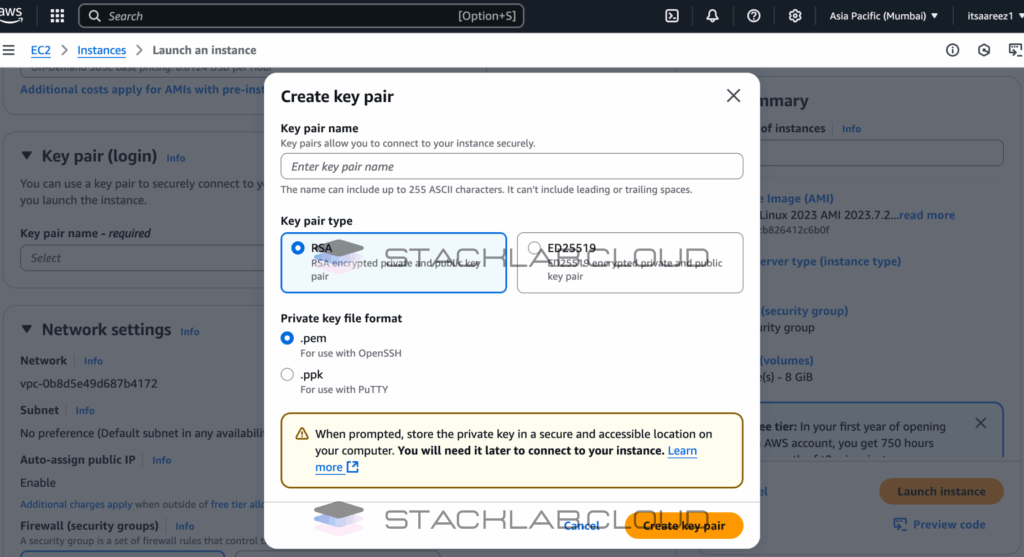 A screenshot showing the "Create new key pair" modal window with the fields filled out.