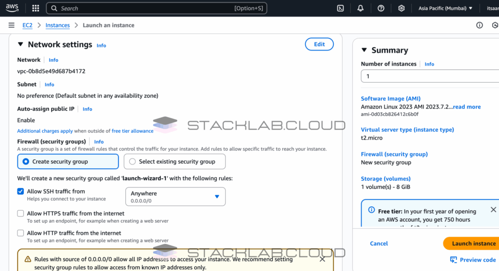 A screenshot of the "Network settings" section, highlighting the inbound rule for SSH with "My IP" selected.