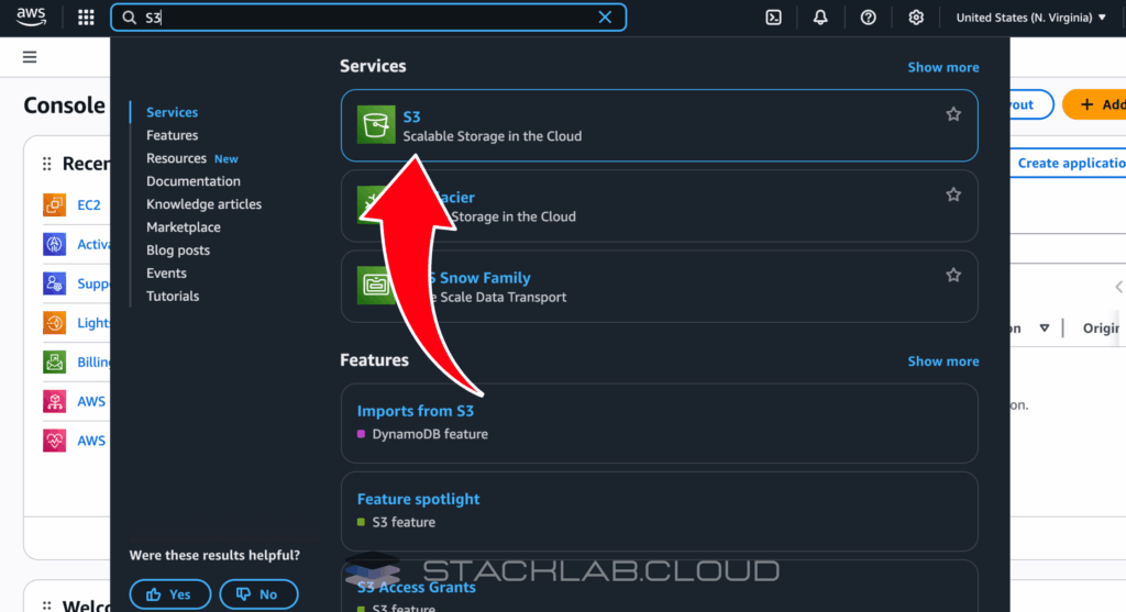 A screenshot of the AWS Management Console with an arrow pointing to the search bar where "S3" is typed.