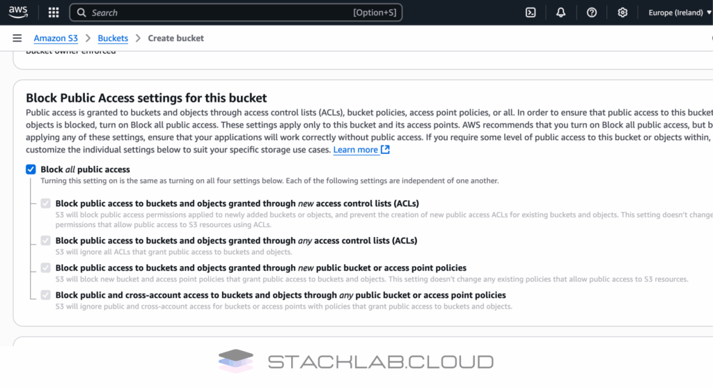 A screenshot of the "Block Public Access settings" section, showing the main checkbox is enabled.