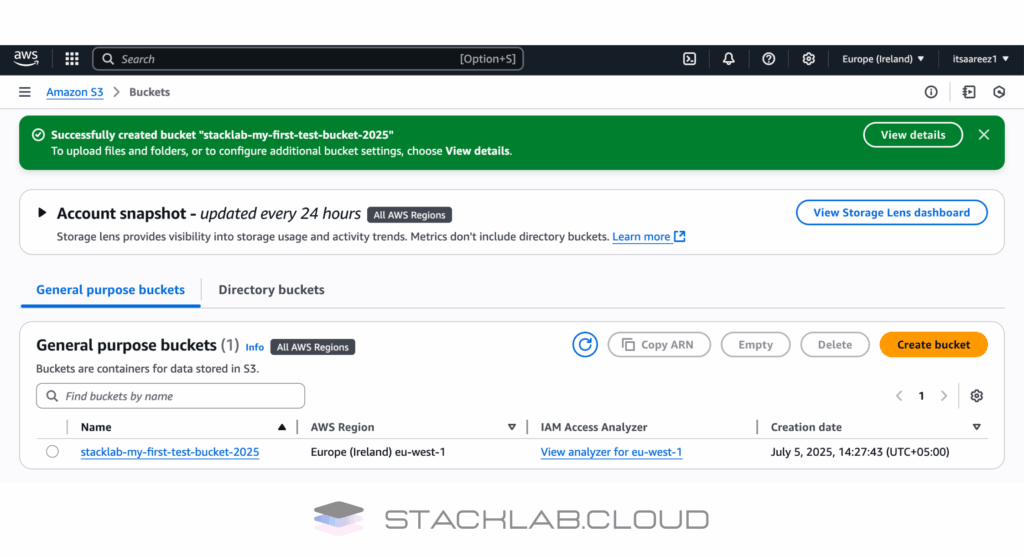 A screenshot of the S3 console showing the green success banner and the newly created bucket in the list.