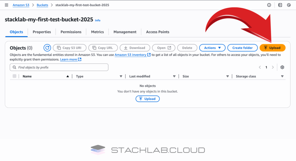 A screenshot of the inside of an empty S3 bucket, with an arrow highlighting the "Upload" button.