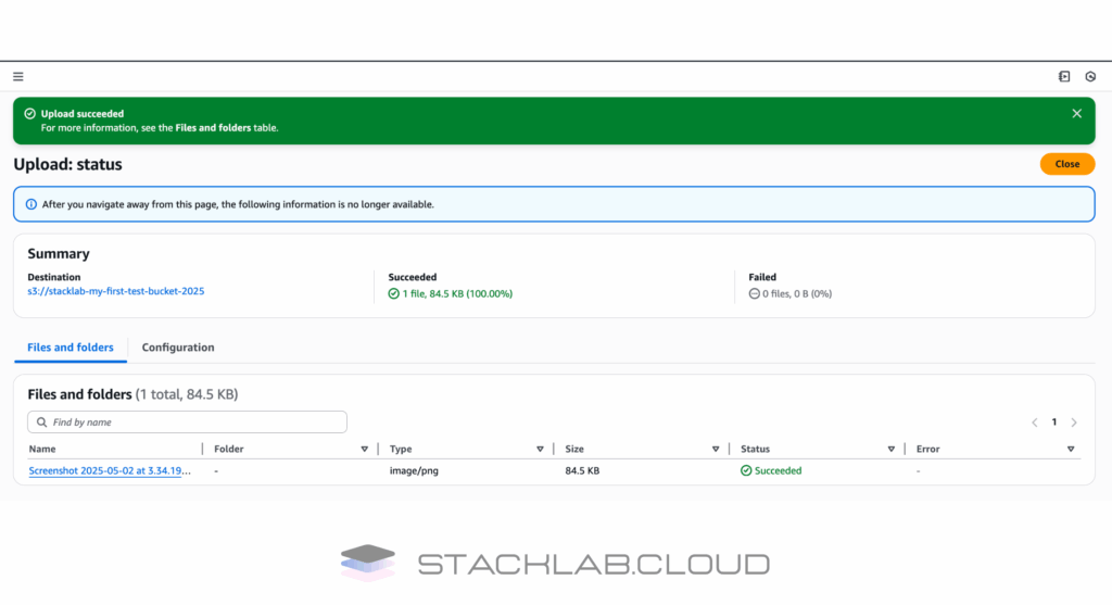 A screenshot of the S3 bucket contents, showing the newly uploaded file listed with its name, type, and size.