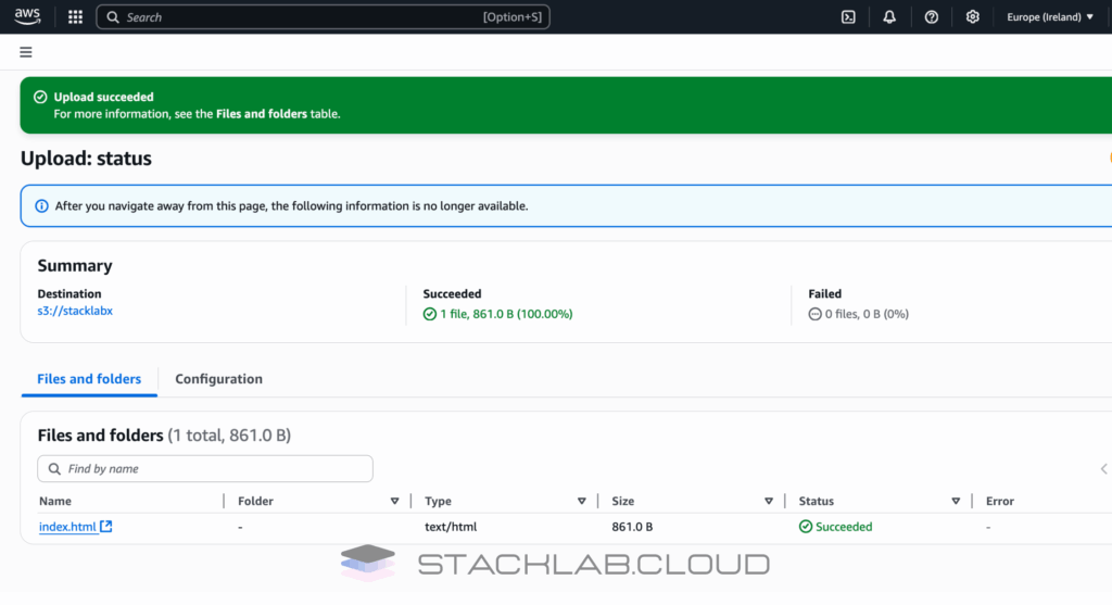 A screenshot of the S3 console showing the index.html file successfully uploaded into the bucket.
