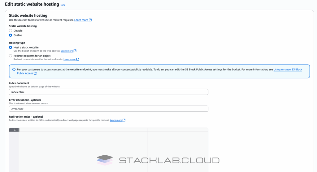 A screenshot showing the Static website hosting configuration, with "Enable" selected and "index.html" entered as the index document.
