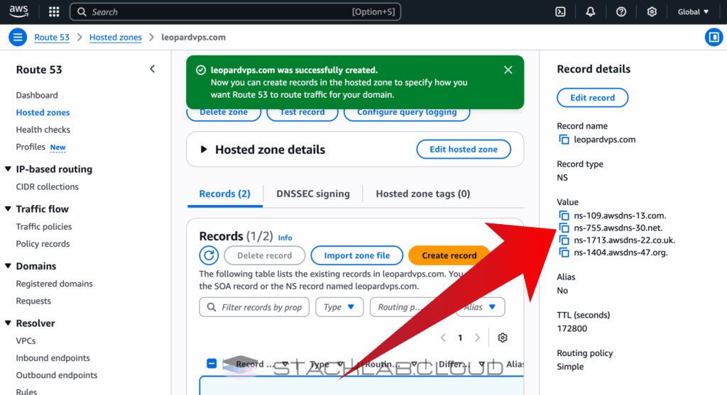 A screenshot of the Route 53 hosted zone details, with a box highlighting the four NS record values.