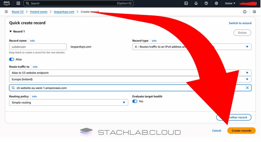 route 53 create record screenshot on aws