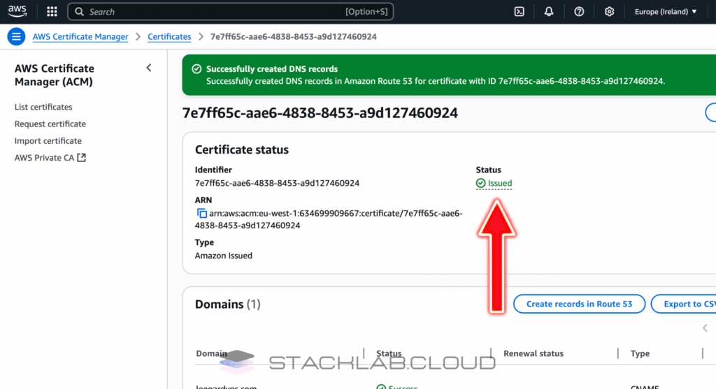 A screenshot showing the ACM certificate validation screen with an arrow pointing to the "Create records in Route 53" button.