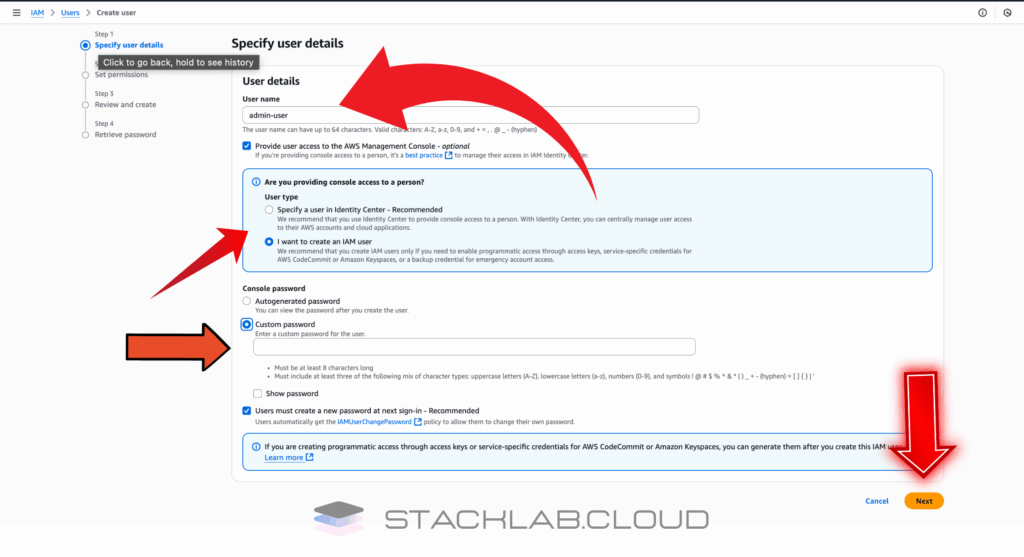 A screenshot showing the "Specify user details" screen with the username and password options configured.